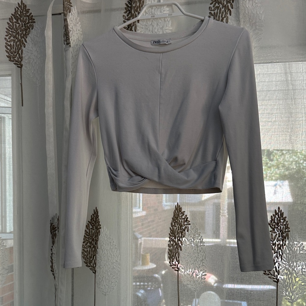 Zara Cropped Knot Front Long Sleeve Top in white